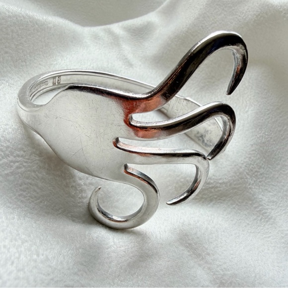 Sterling Silver Plate Sculptural Fork-Form First Love Coachella Cuff Bracelet - Picture 9 of 16